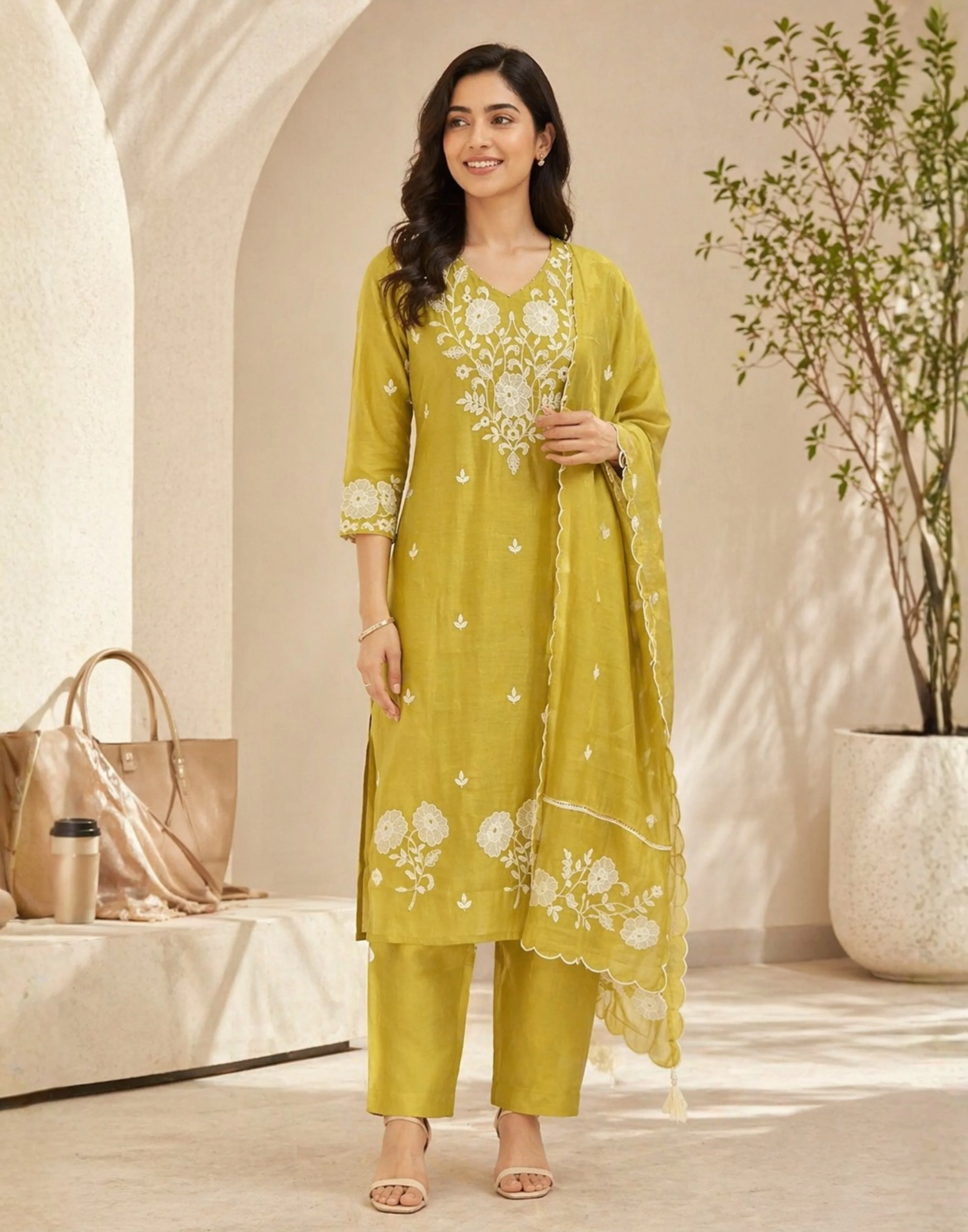 Amber Yellow Embroidered Workwear Kurta Set