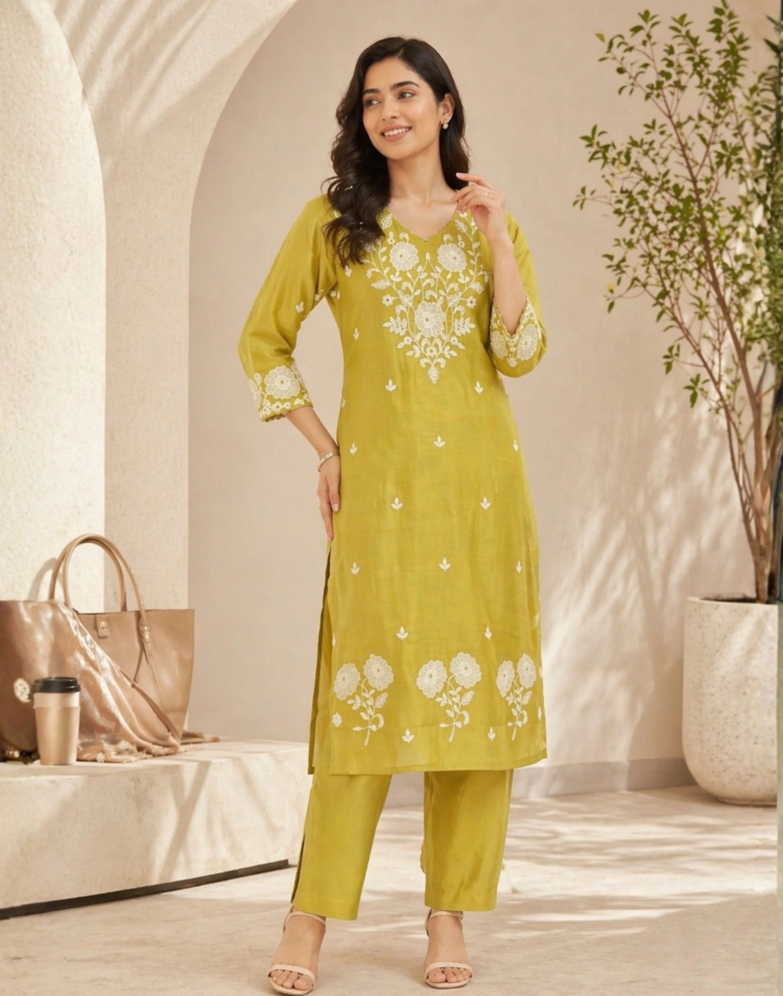 Amber Yellow Embroidered Workwear Kurta Set - Image 2