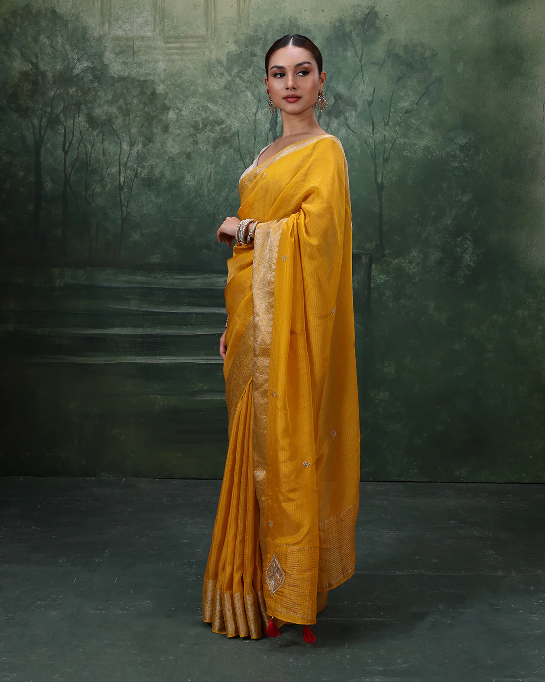 Amber Yellow Kota Silk Festive Saree With Unstitched Blouse In Bandhej - Image 2