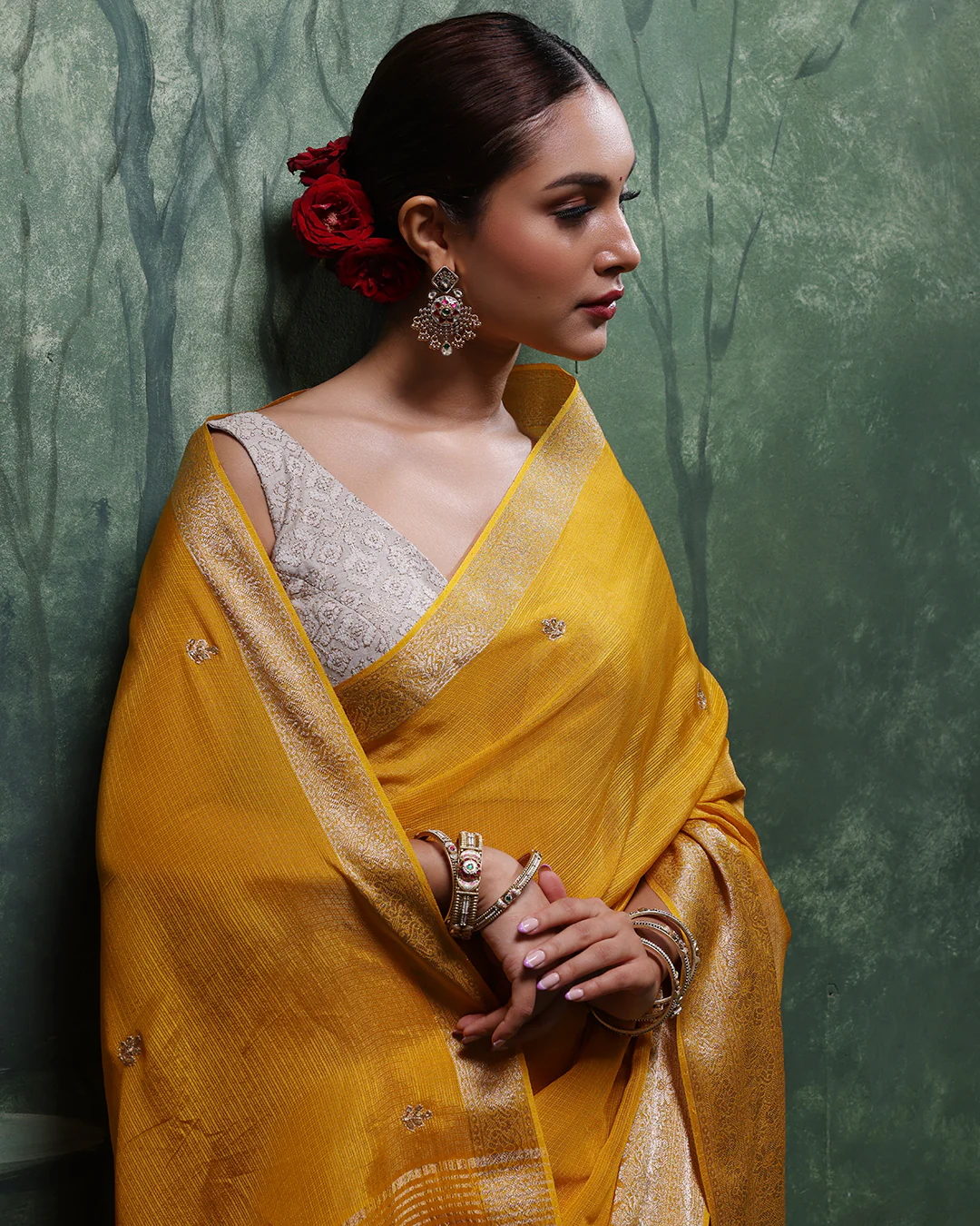 Amber Yellow Kota Silk Festive Saree With Unstitched Blouse In Bandhej - Image 5
