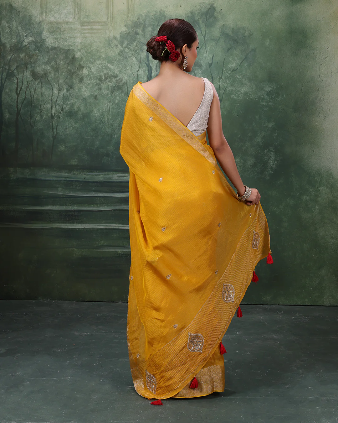 Amber Yellow Kota Silk Festive Saree With Unstitched Blouse In Bandhej - Image 6