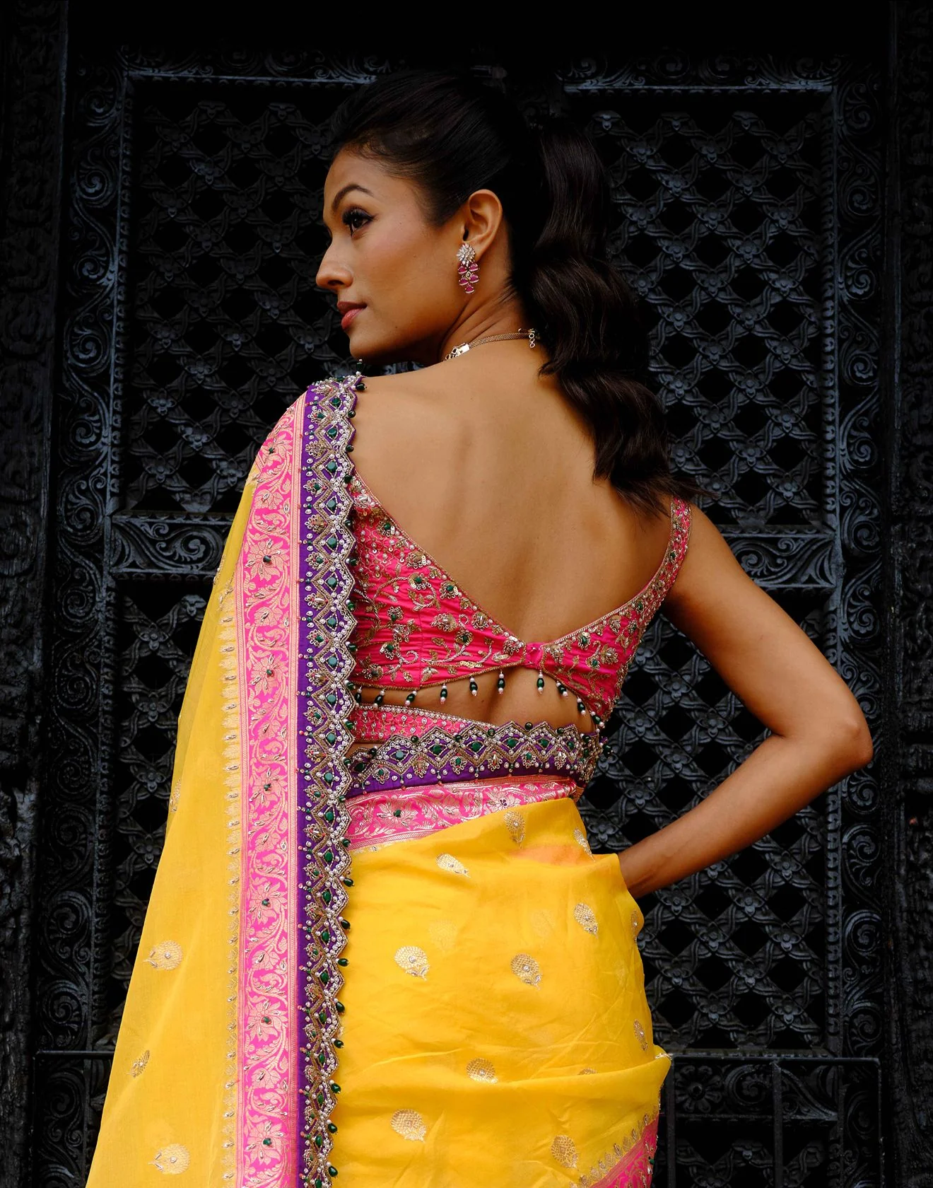 Amber Yellow & Raani Pink Banarasi Saree With Embroidered Blouse & Two Tone Organza Dupatta - Image 3