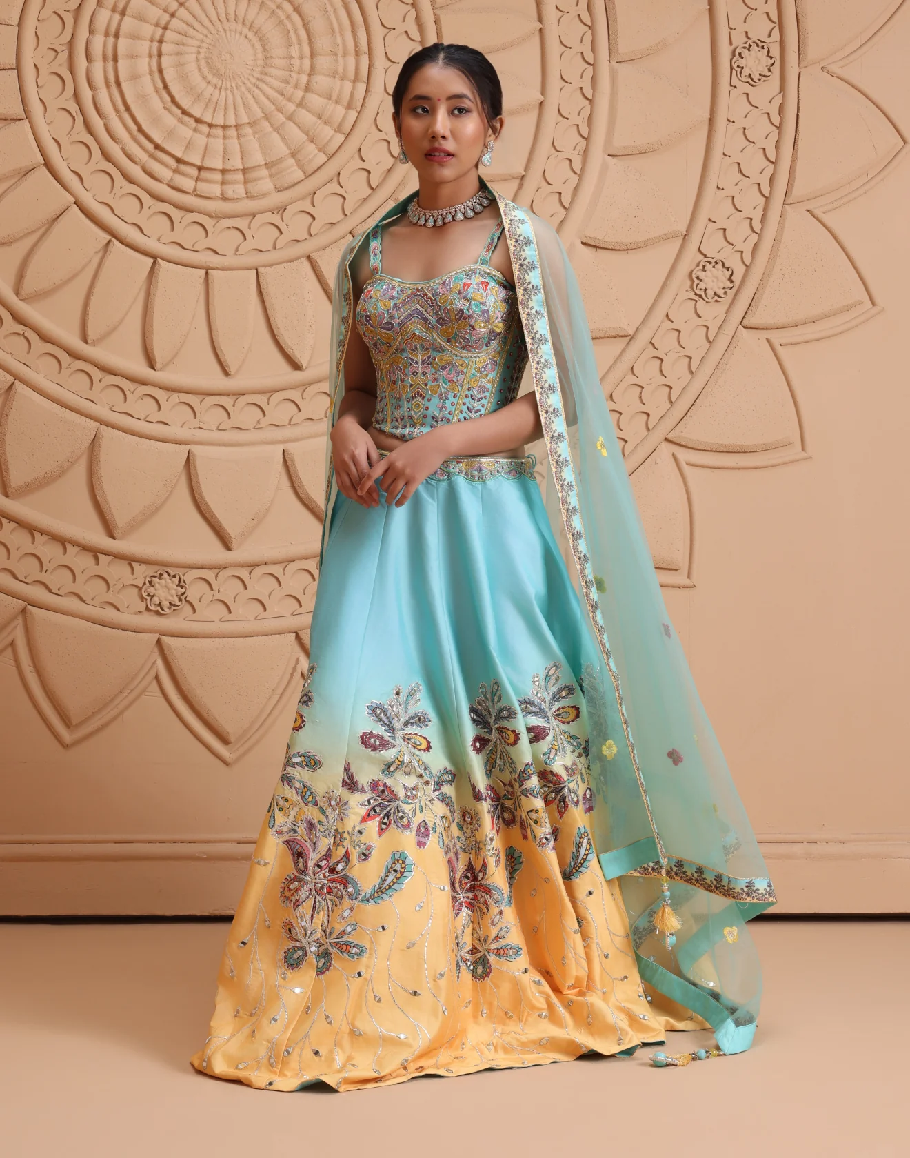 Aqua Mirage Embellished Lehenga With Corset Blouse Set
