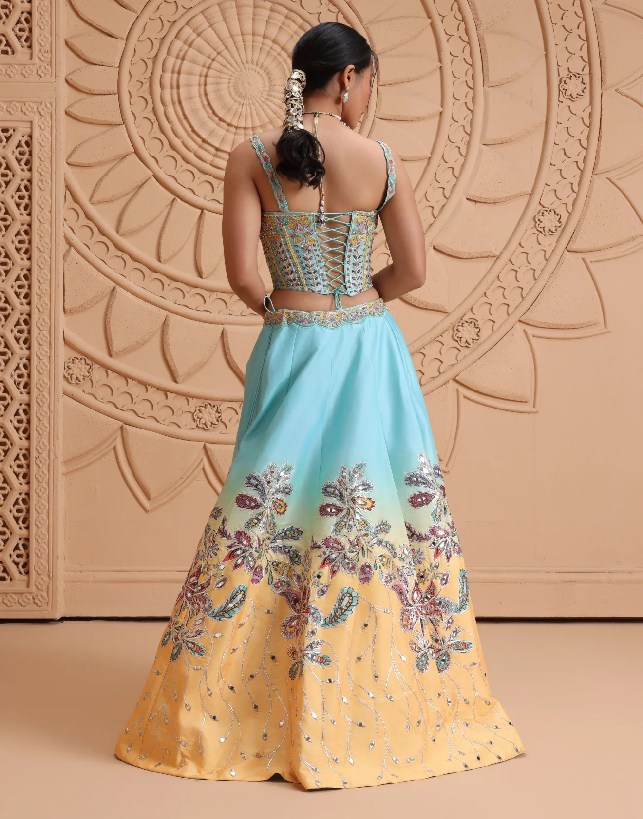 Aqua Mirage Embellished Lehenga With Corset Blouse Set - Image 5