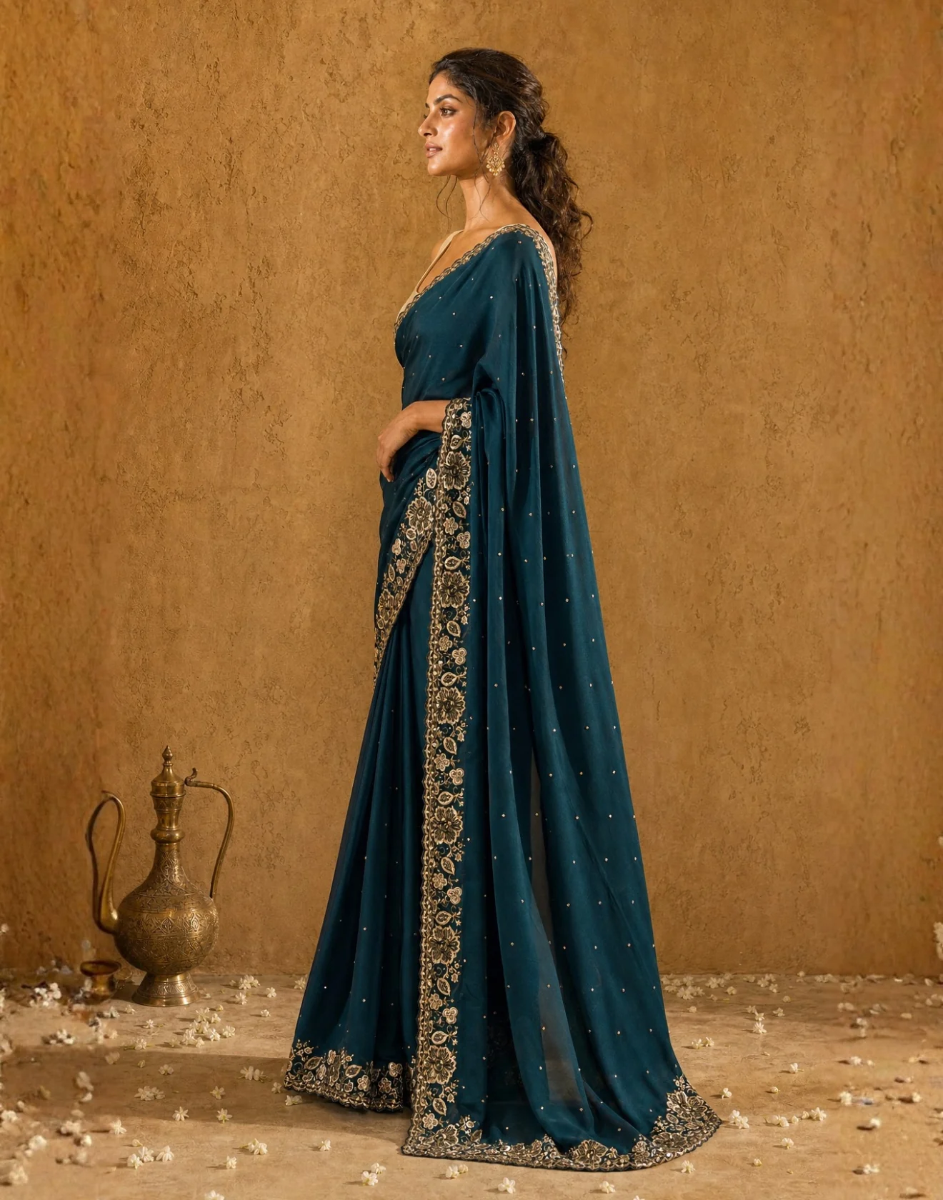 Aqua Sea Foam Embellished Designer Satin Saree - Image 3