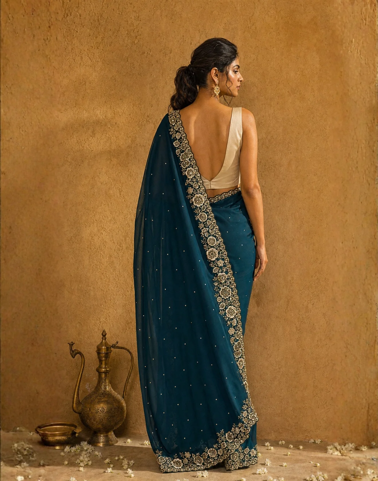 Aqua Sea Foam Embellished Designer Satin Saree - Image 4