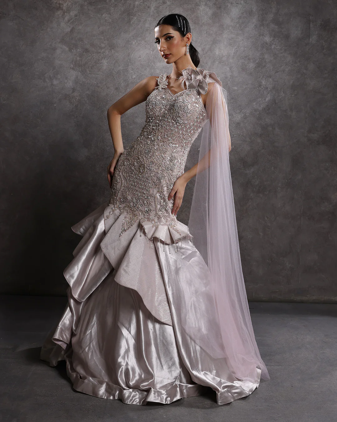 Ashnoor KaurXRoopkala Embellished Ruffle Layered Gown