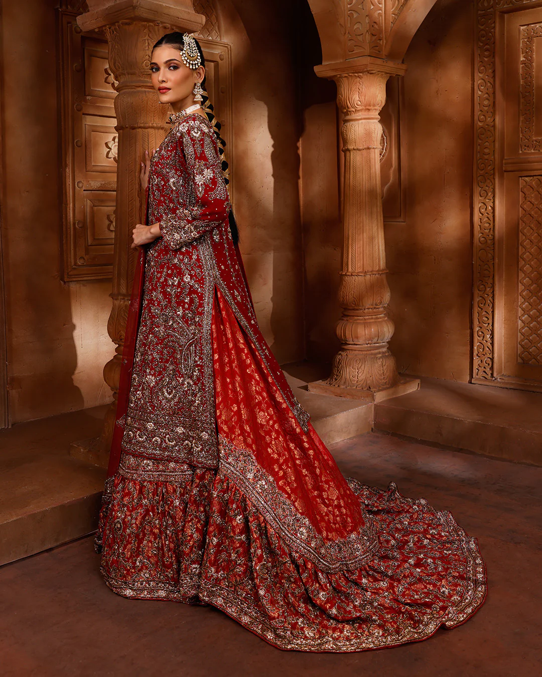Auburn Maroon Hand Embroidered Kurta With Brocade Farshi Bridal Lehenga Set - Image 2