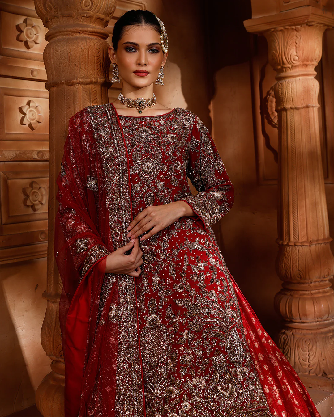 Auburn Maroon Hand Embroidered Kurta With Brocade Farshi Bridal Lehenga Set - Image 3