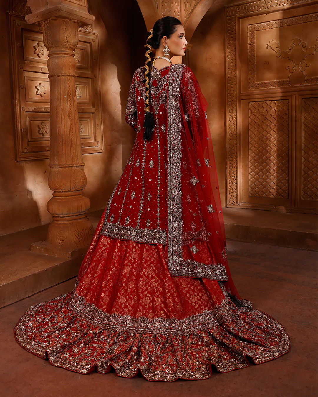 Auburn Maroon Hand Embroidered Kurta With Brocade Farshi Bridal Lehenga Set - Image 4