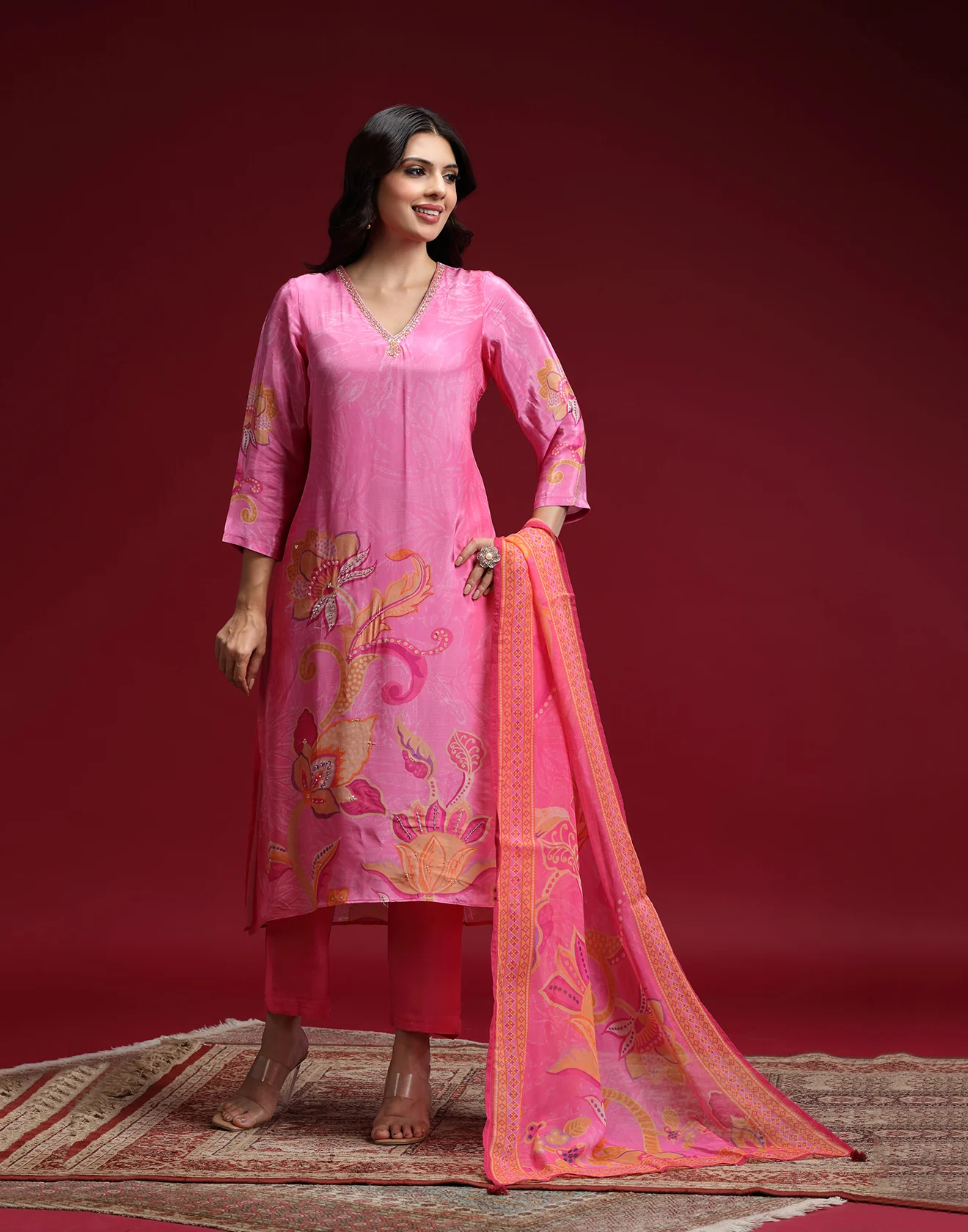 Azalea Pink Floral Printed Crepe Silk Kurta Set - Image 3