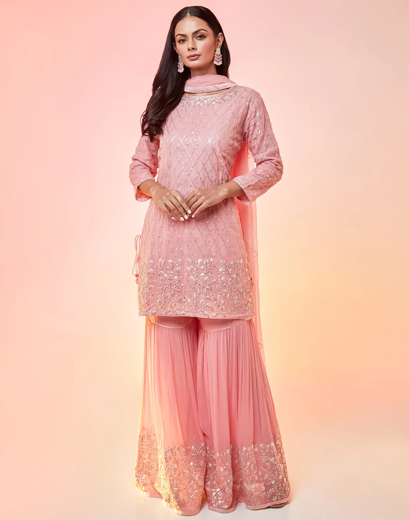 Baby Blush Peach Pink Embellished Sharara Suit Set - Image 3