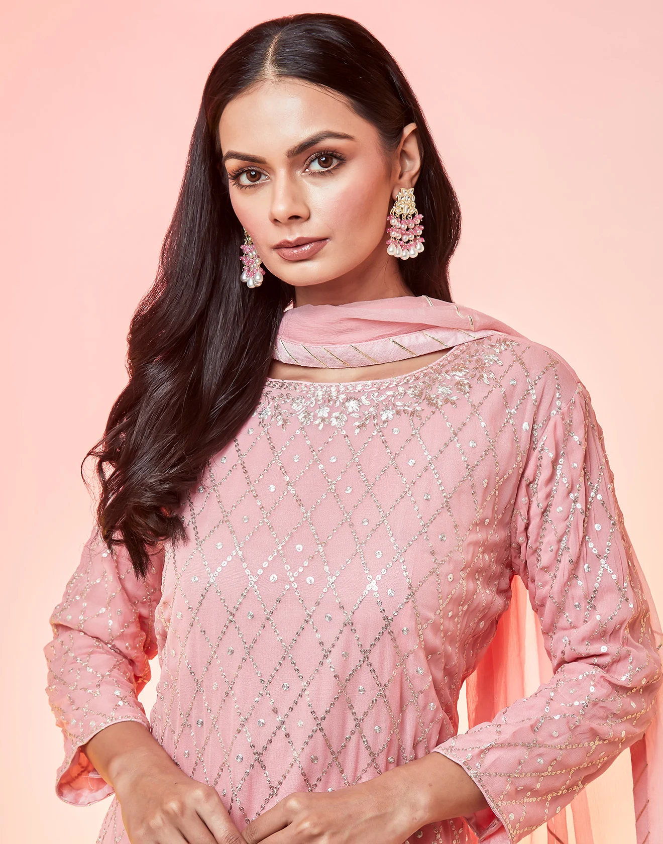 Baby Blush Peach Pink Embellished Sharara Suit Set - Image 4