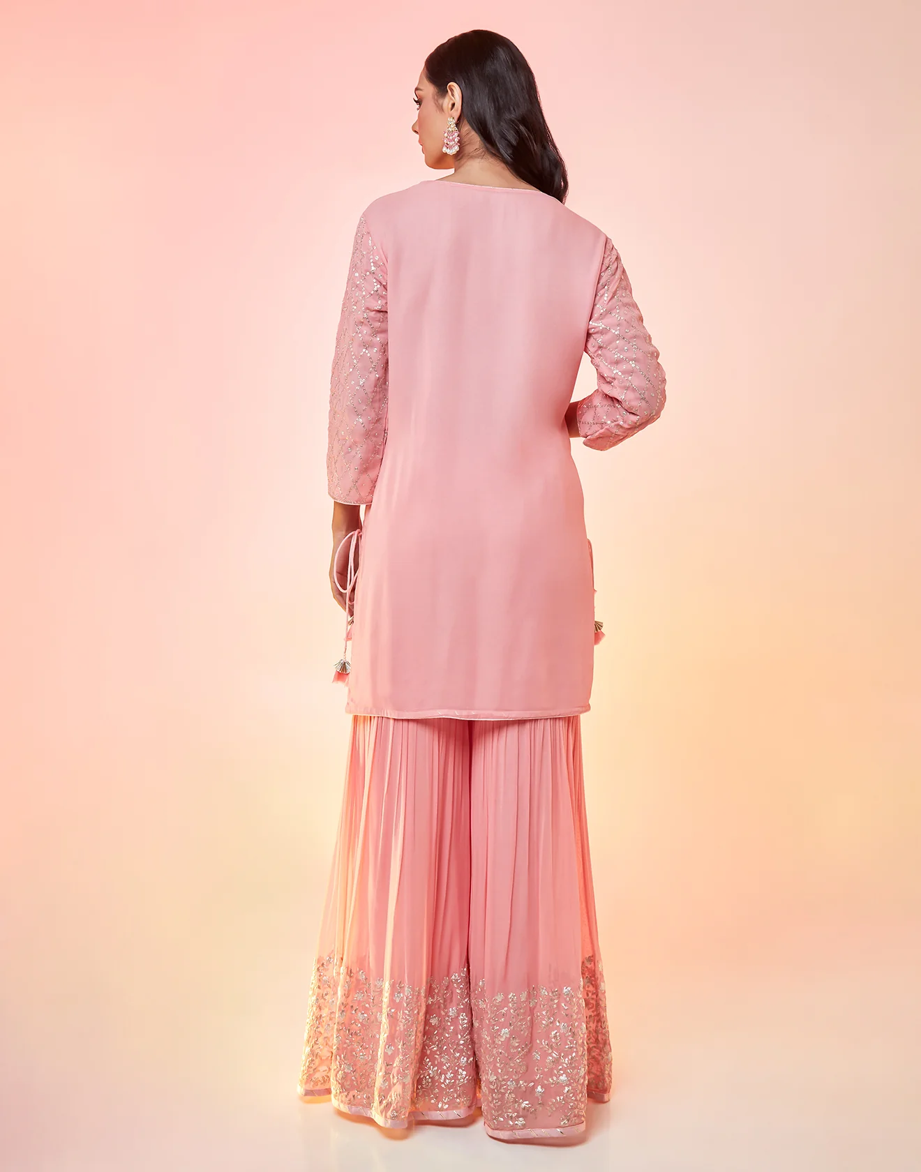 Baby Blush Peach Pink Embellished Sharara Suit Set - Image 5