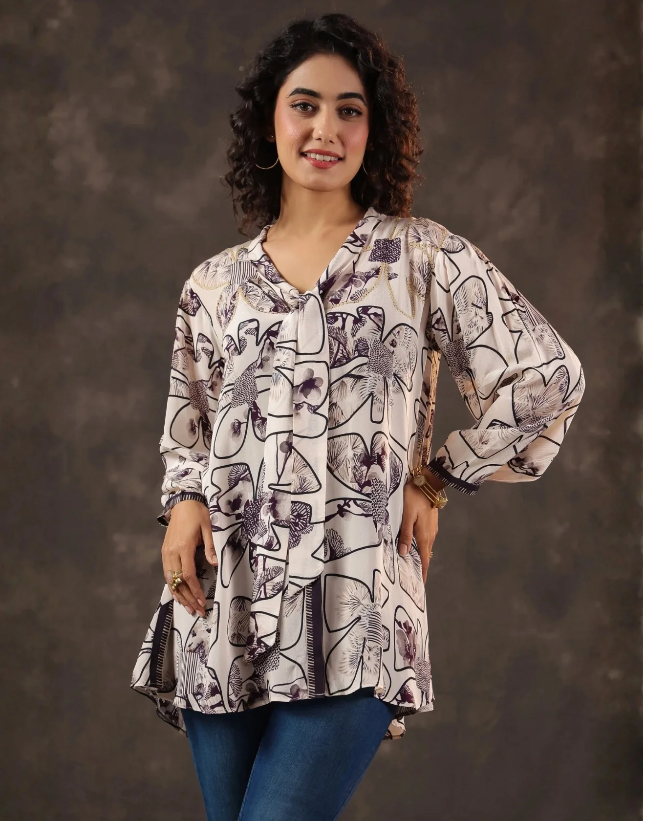 Beige With Floral Printed Button-Down Tunic Shirt