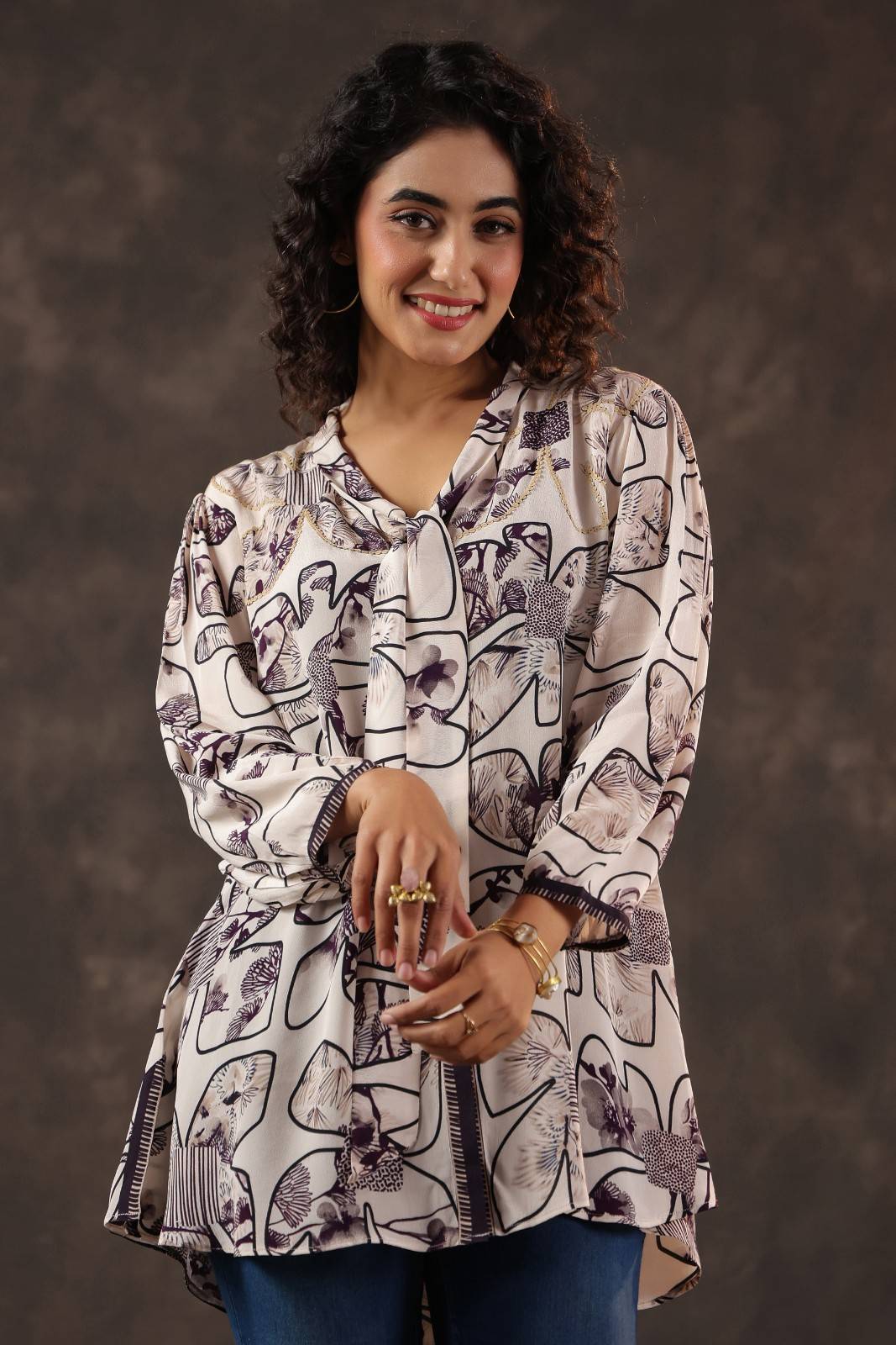 Beige With Floral Printed Button-Down Tunic Shirt - Image 2