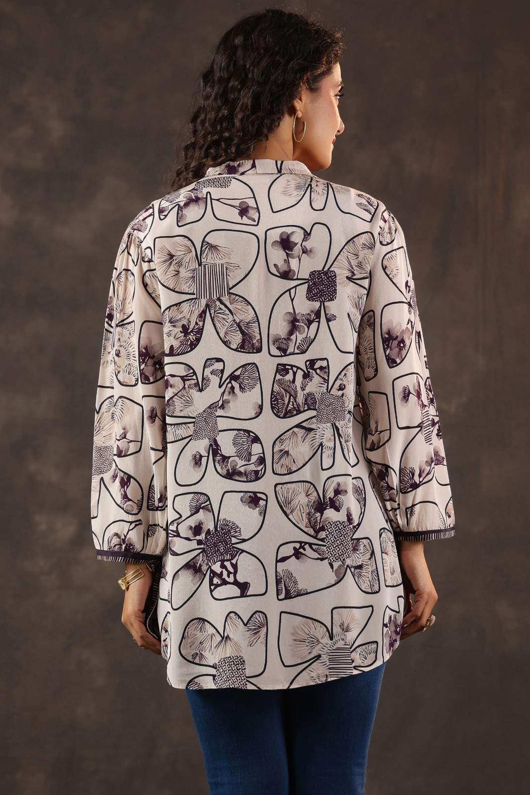 Beige With Floral Printed Button-Down Tunic Shirt - Image 3