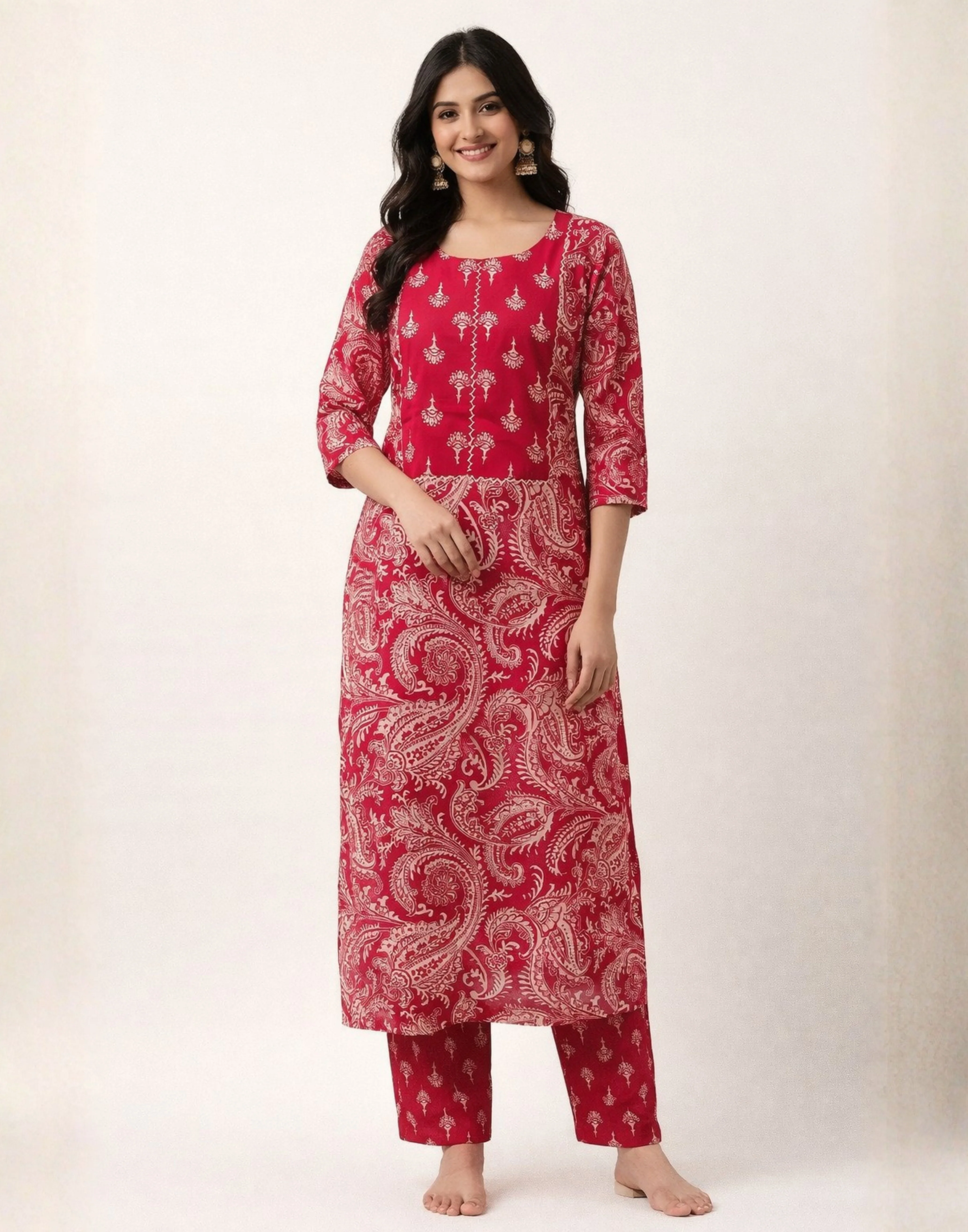 Berry Paisley Printed Cotton Workwear Kurta Set - Image 2