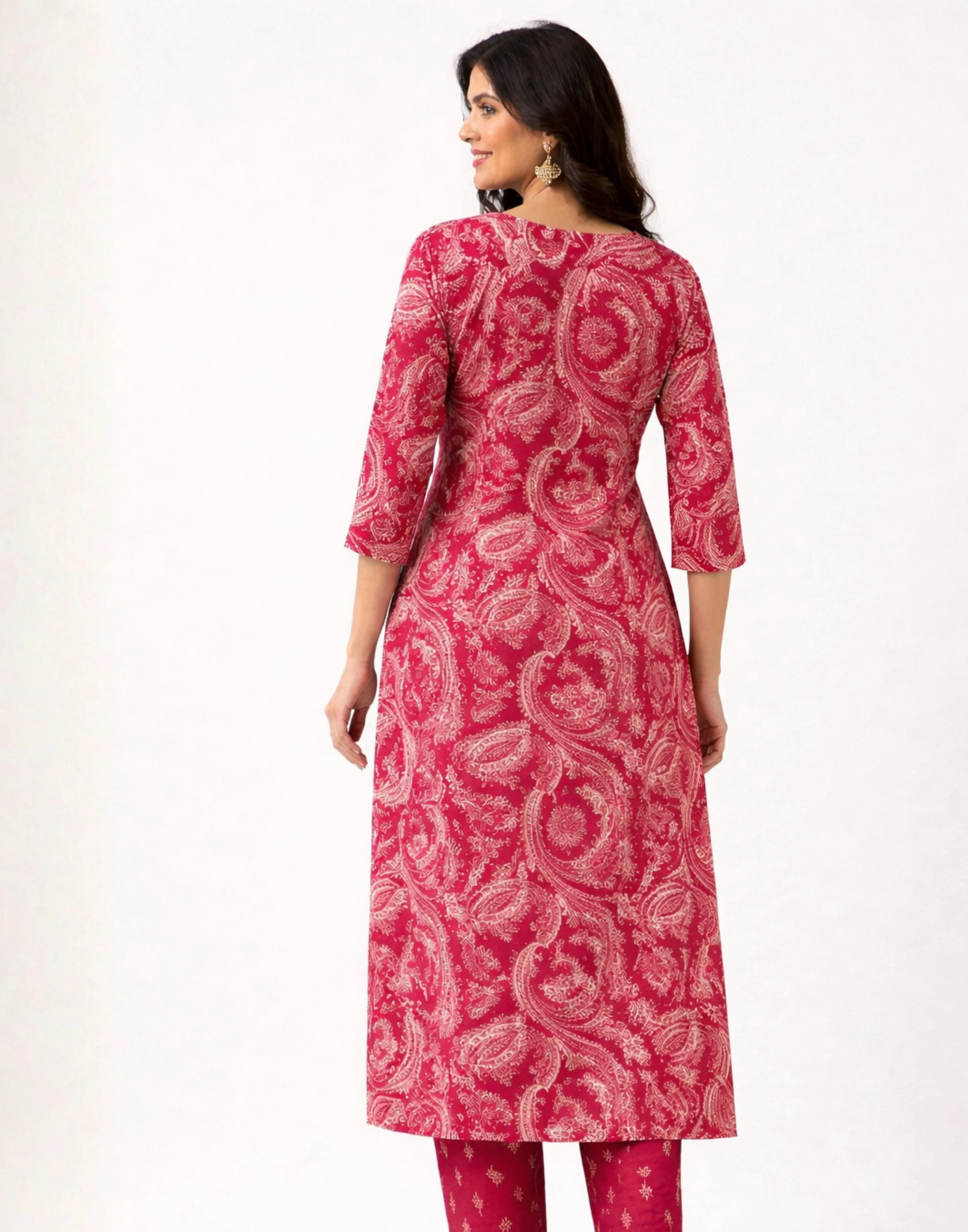Berry Paisley Printed Cotton Workwear Kurta Set - Image 3