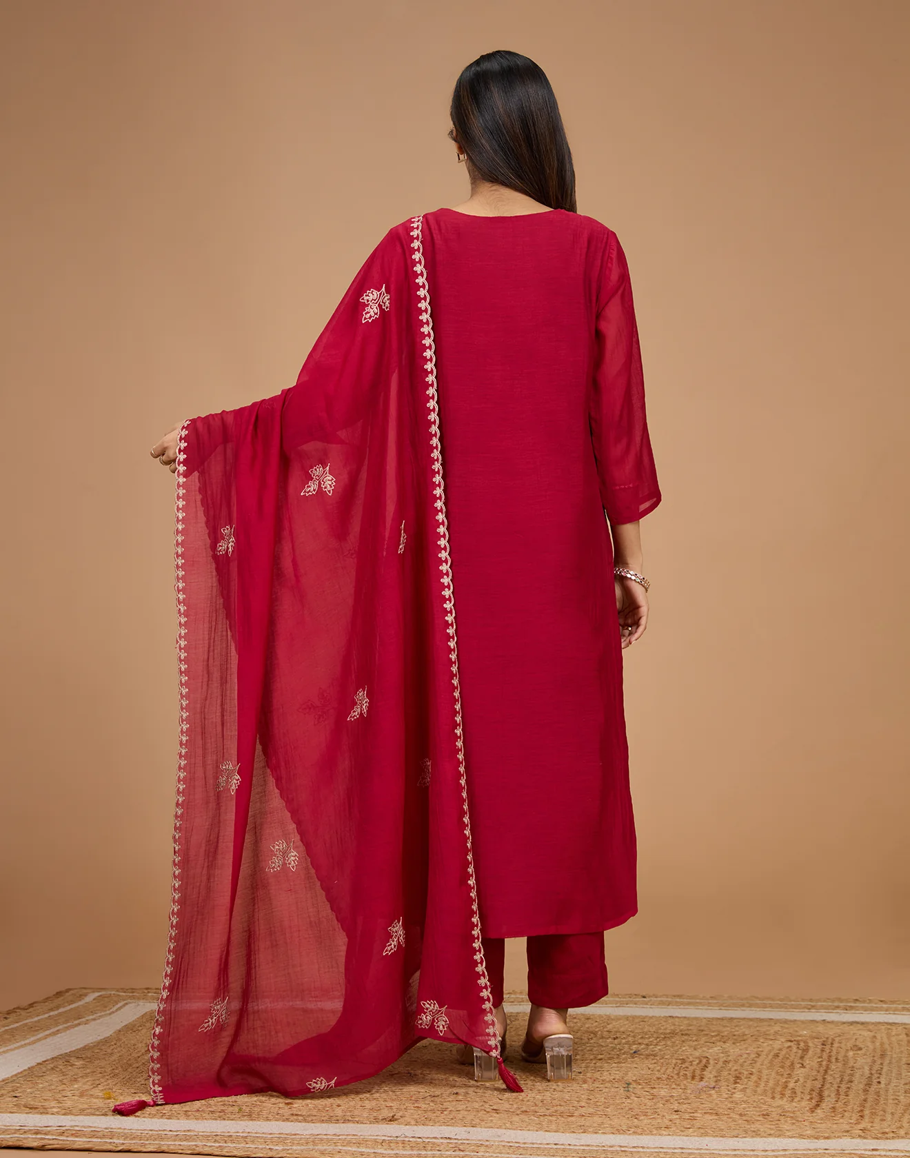Berry Pink With Fawn Thread Work Unstitched Suit Set - Image 6