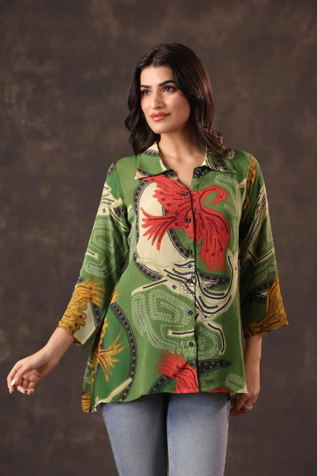 Birdie Charm Printed Crepe Tunic Shirt - Image 2