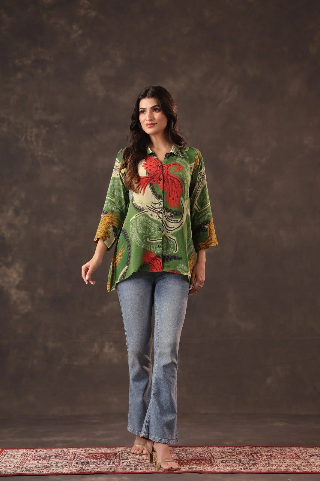 Birdie Charm Printed Crepe Tunic Shirt - Image 3