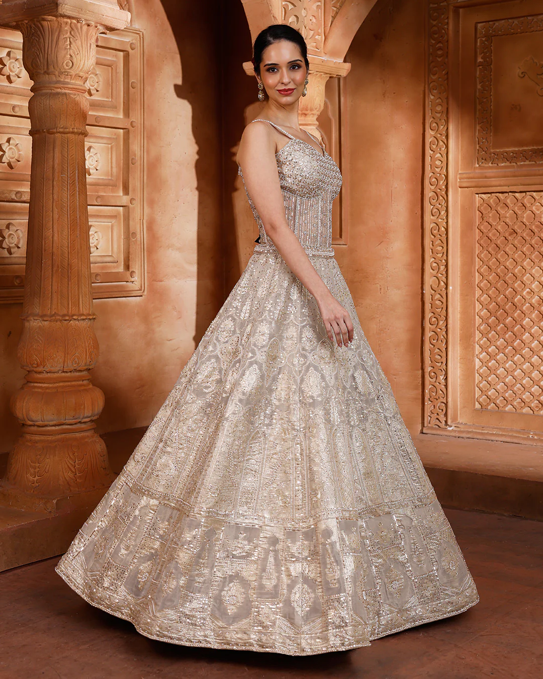 Bisquè Beige Banarasi Lehenga With Corset Blouse - Image 2
