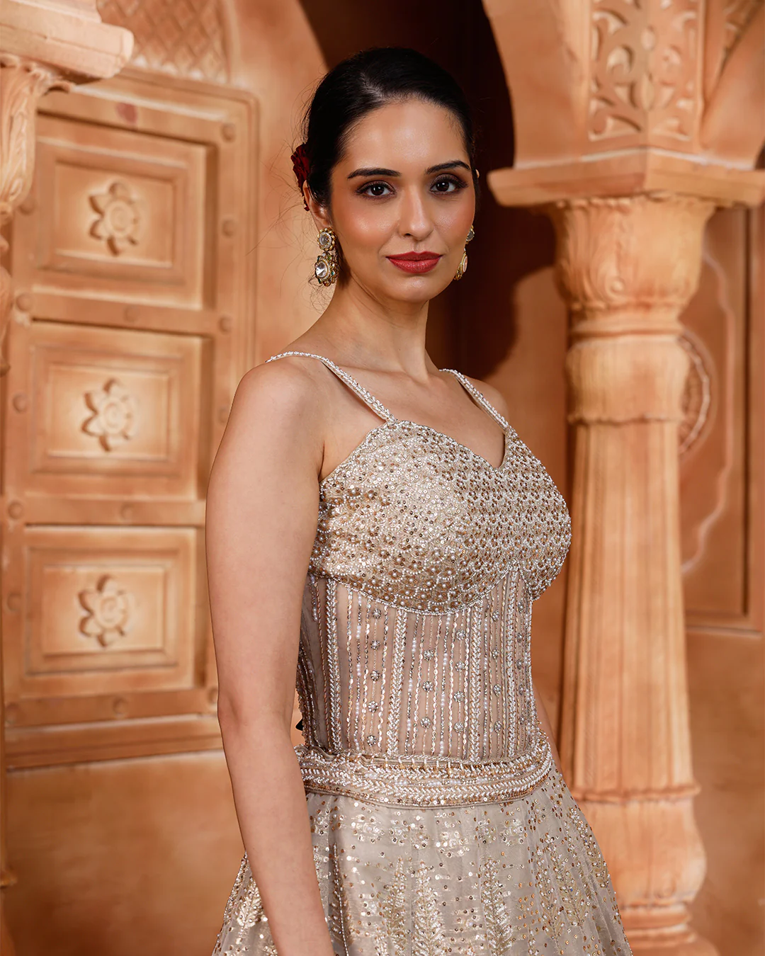 Bisquè Beige Banarasi Lehenga With Corset Blouse - Image 3