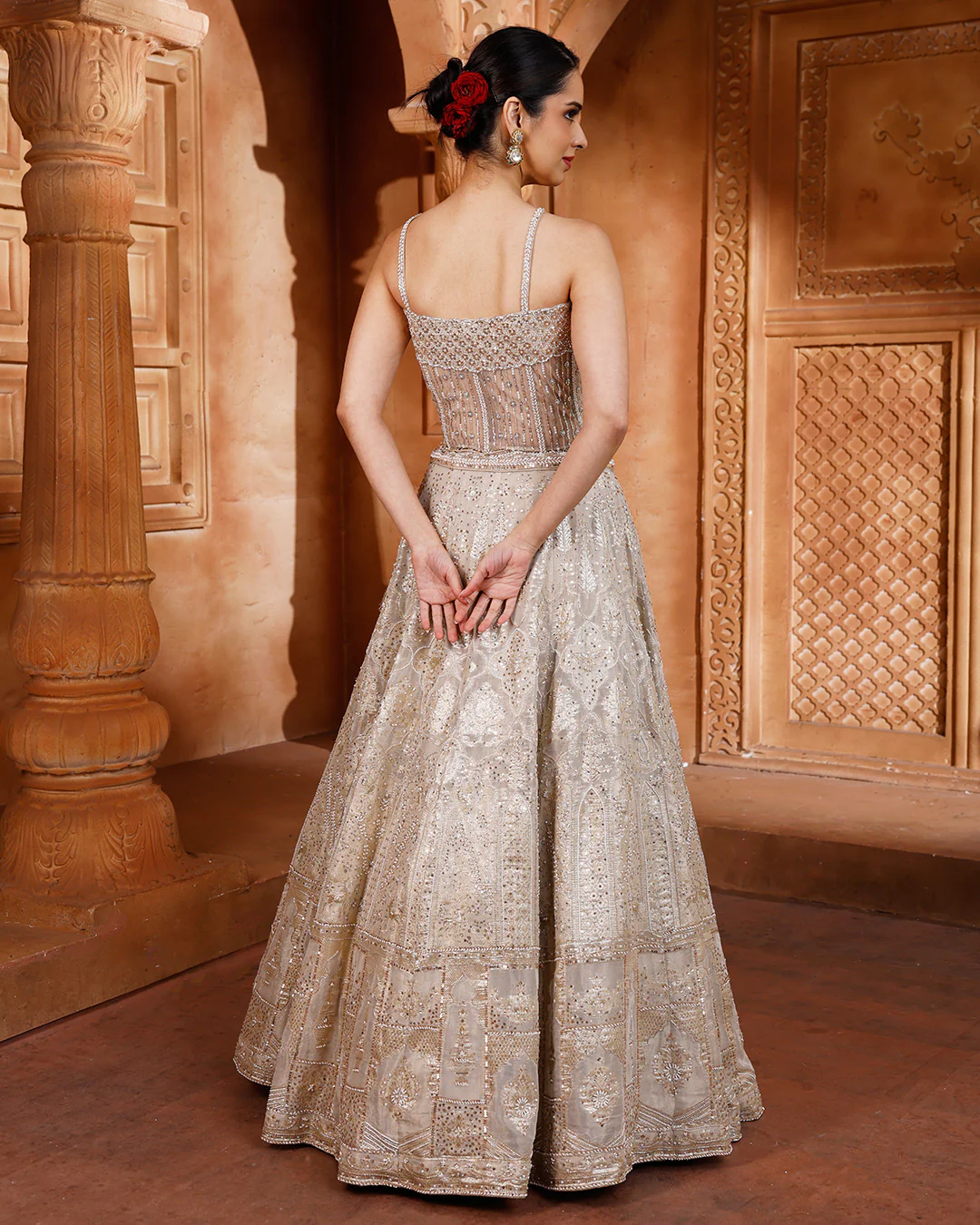 Bisquè Beige Banarasi Lehenga With Corset Blouse - Image 4