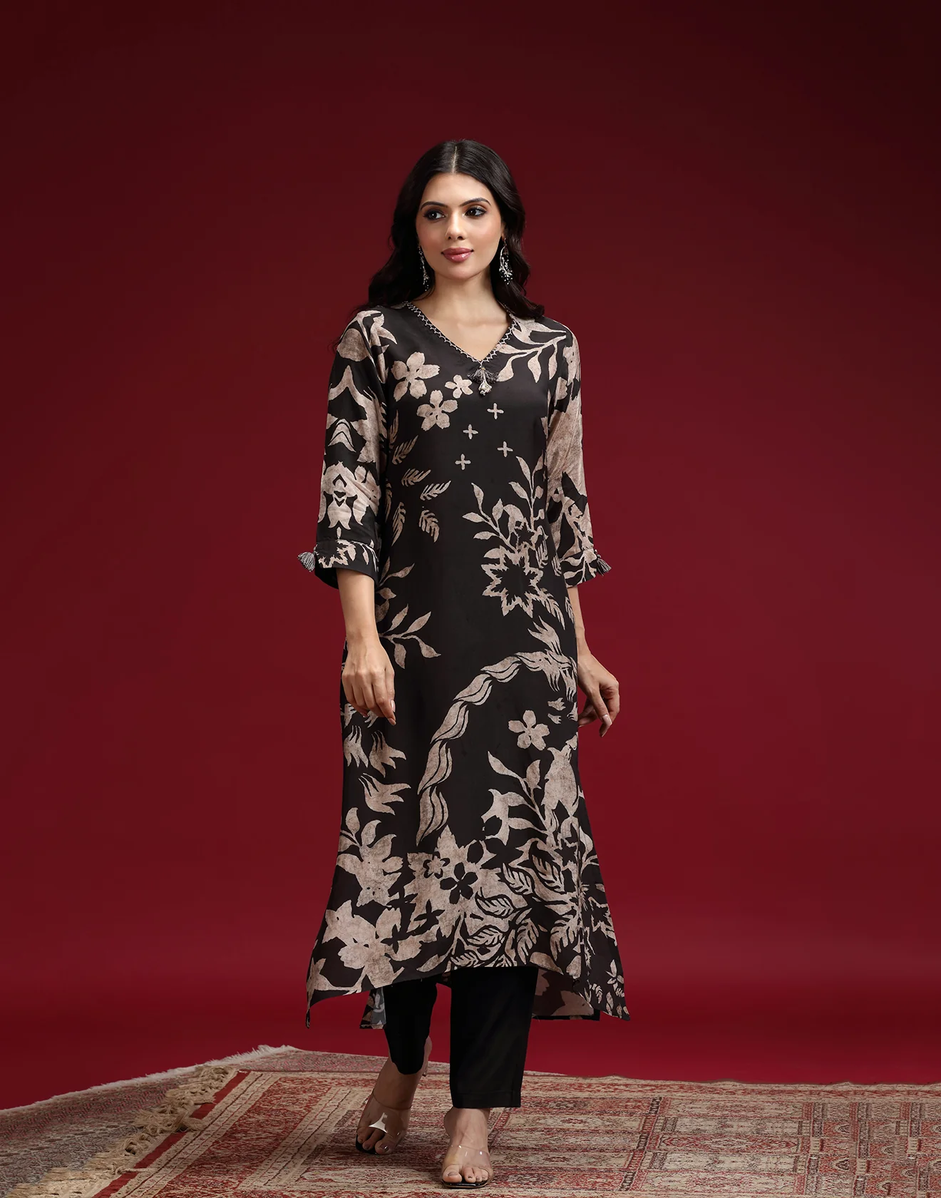 Black And Dusty Brown Printed Casual Kurta Set - Image 5
