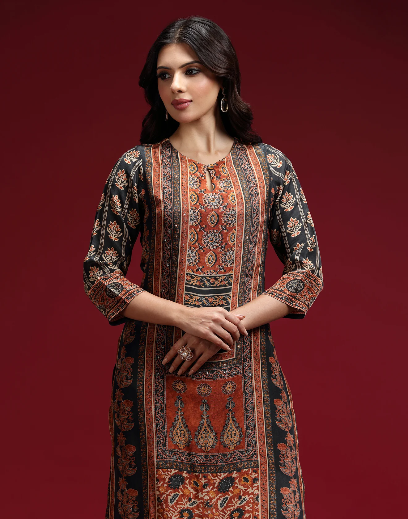 Black And Tangerine Ethnic Printed Workwear Kurta Set - Image 4
