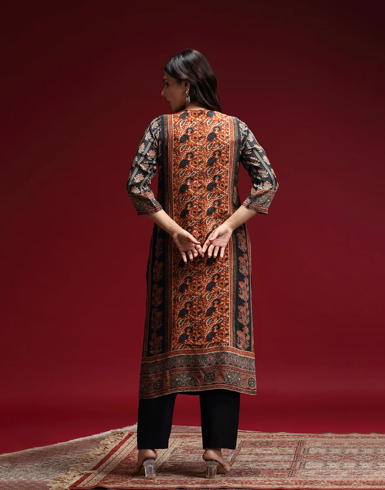 Black And Tangerine Ethnic Printed Workwear Kurta Set - Image 5