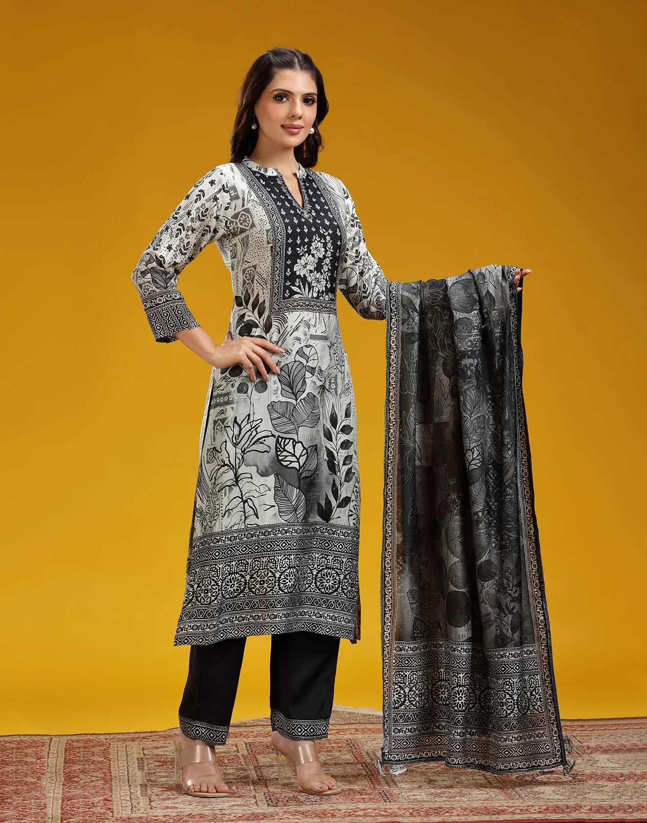Black And White Floral With Ethnic Border Printed Casual Kurta Set