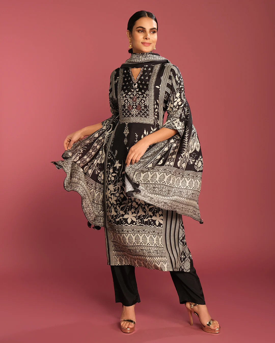 Black & Chalk White Printed Crepe Kurta Set