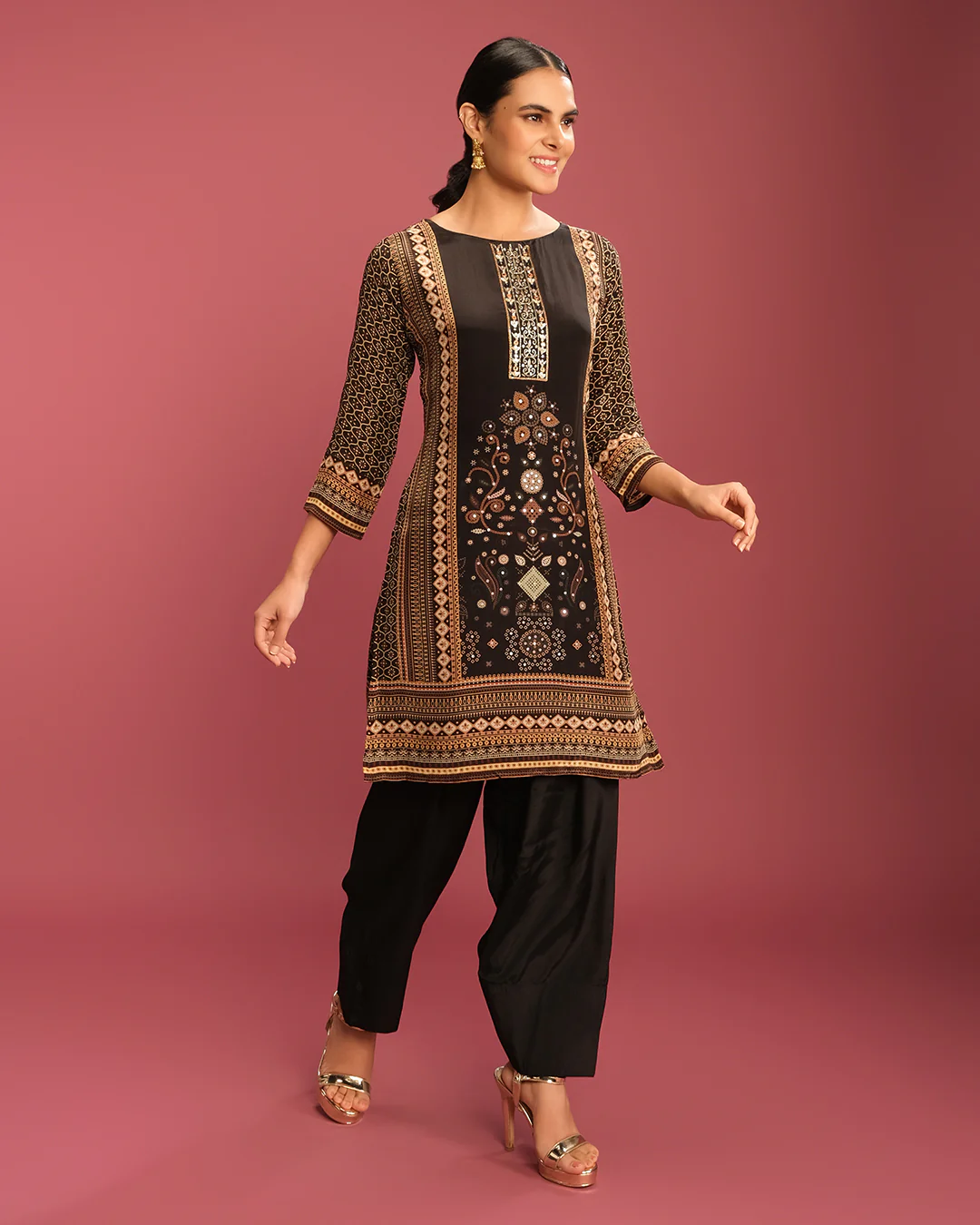 Black & Earthy Bandhej Printed Short Kurta With Pant Set - Image 2