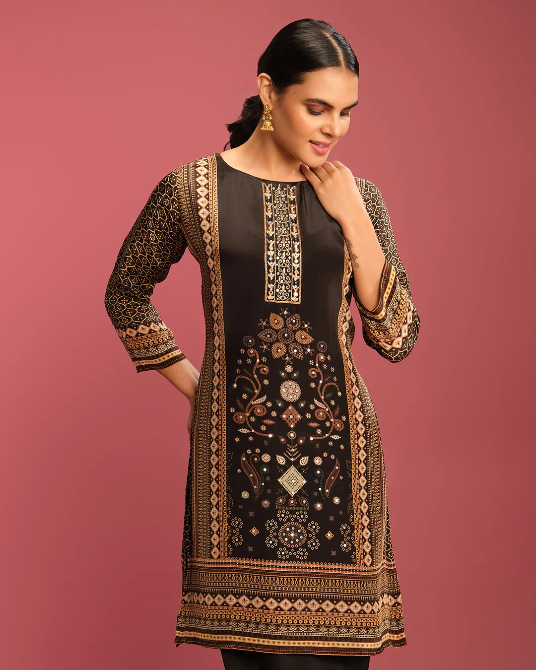 Black & Earthy Bandhej Printed Short Kurta With Pant Set - Image 4