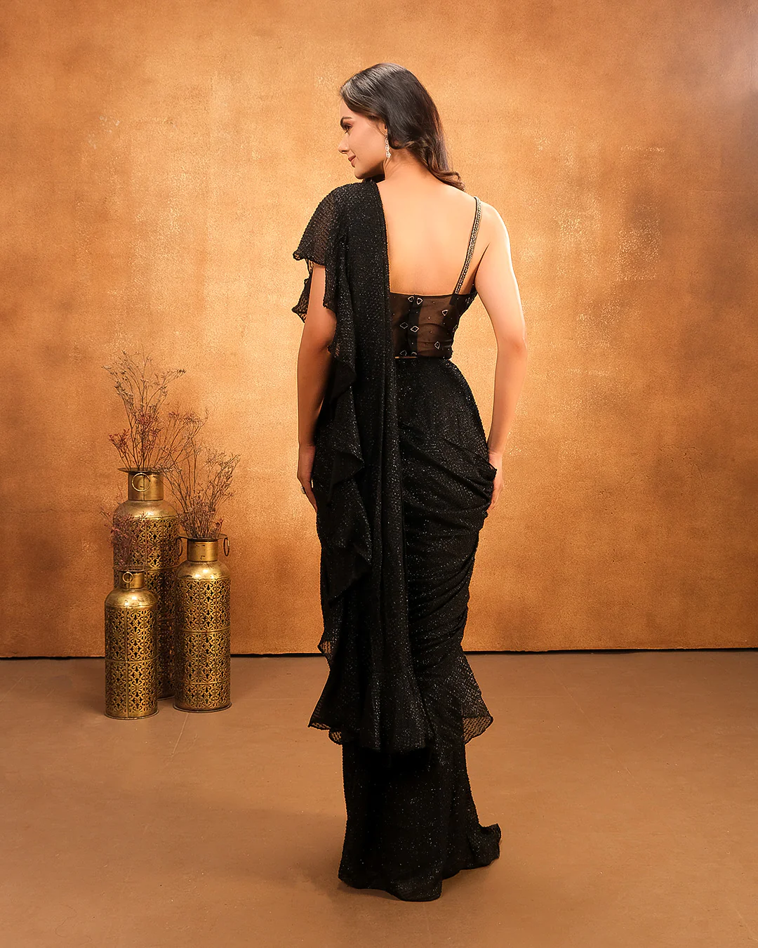 Black Shimmer Lycra Pre-Draped Saree With Corset Blouse - Image 4
