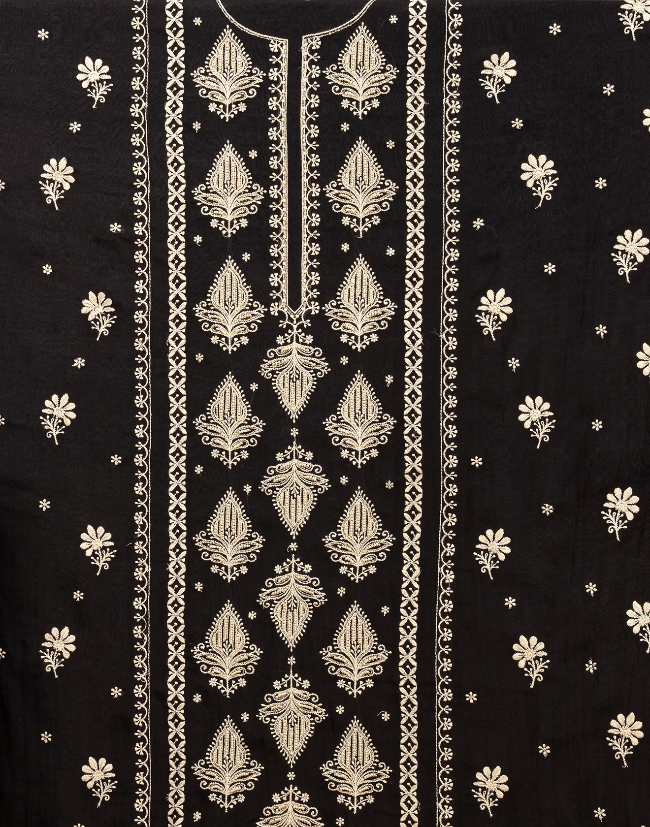 Black With Golden Beige Thread Embroidered Blended Silk Unstitched Suit Set - Image 3