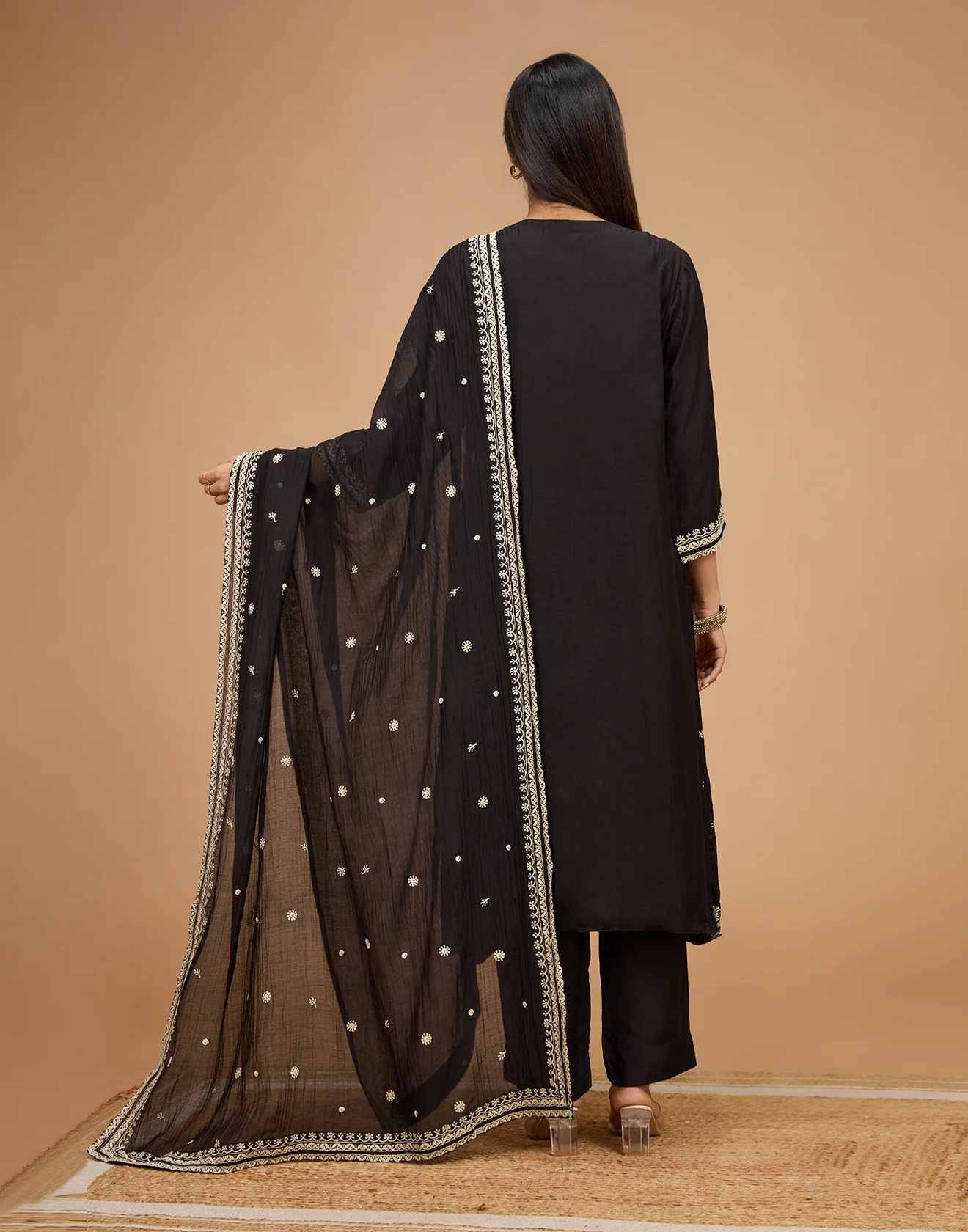 Black With Golden Beige Thread Embroidered Blended Silk Unstitched Suit Set - Image 7