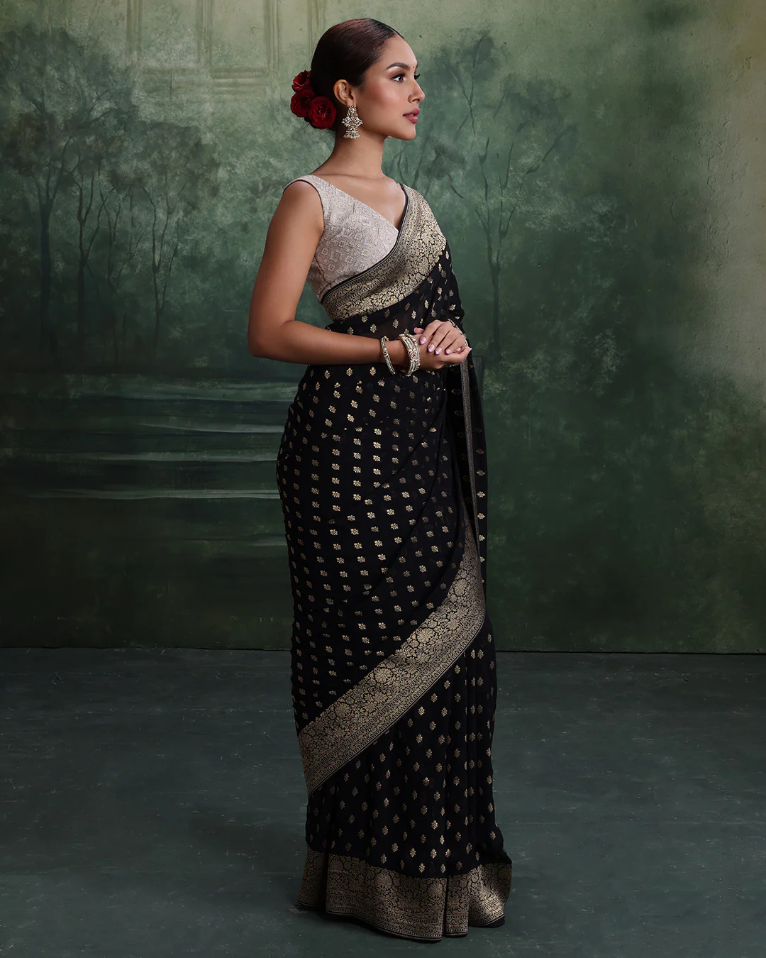 Black With Golden Dainty Buttis Georgette Saree With Unstitched Blouse Fabric - Image 3