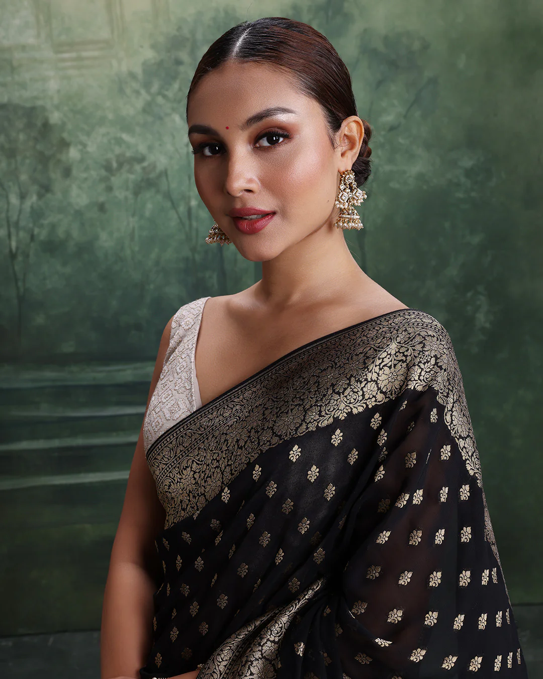 Black With Golden Dainty Buttis Georgette Saree With Unstitched Blouse Fabric - Image 5