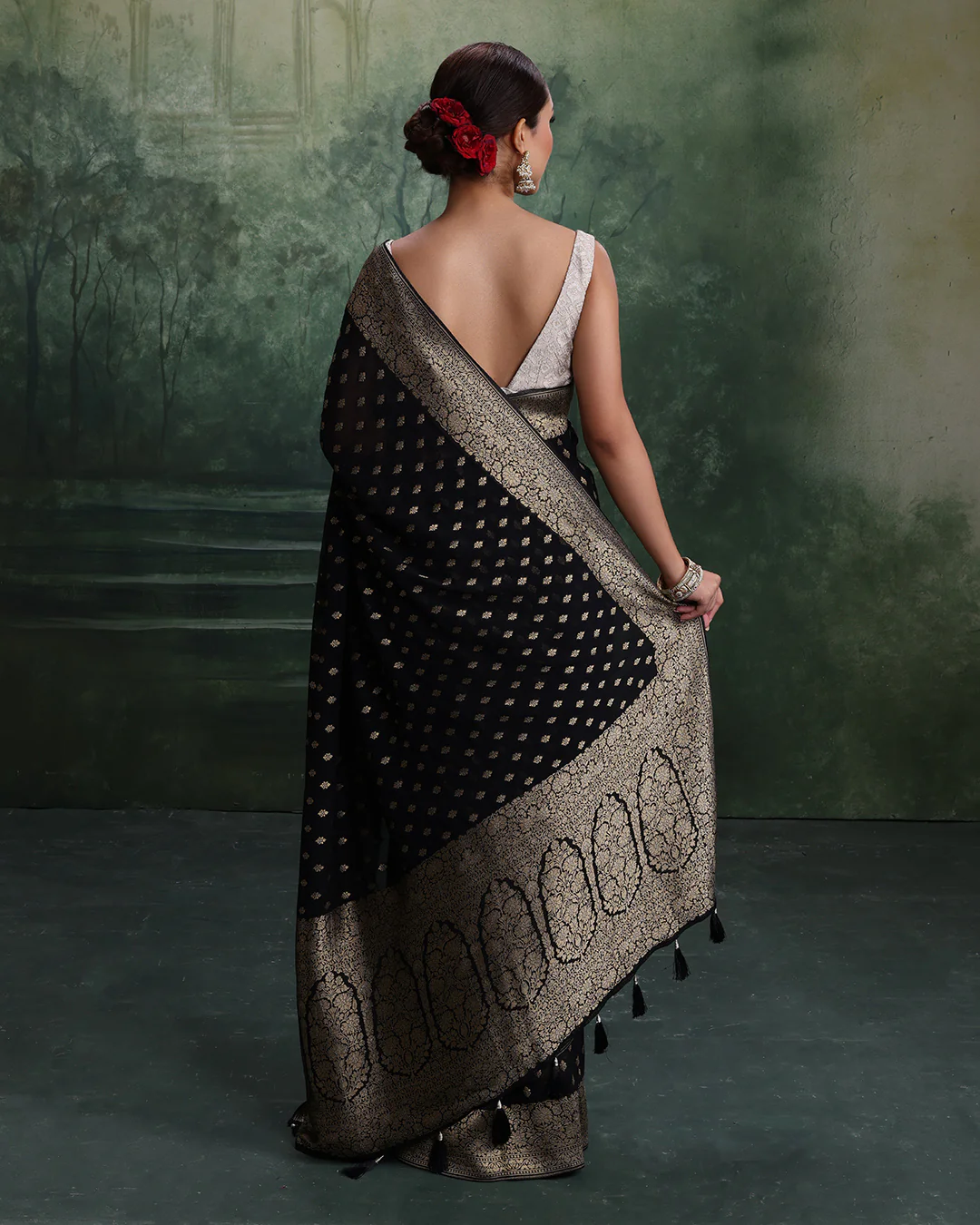 Black With Golden Dainty Buttis Georgette Saree With Unstitched Blouse Fabric - Image 6