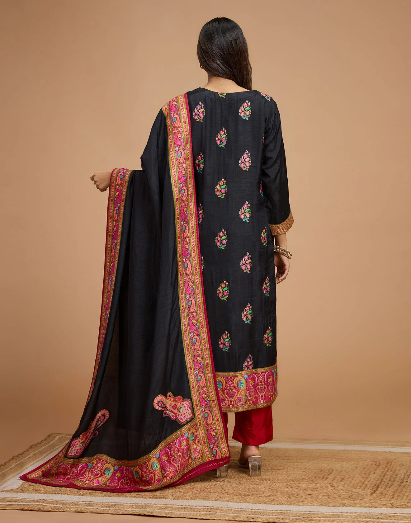 Black With Multicolor Weave Blended Silk Unstitched Suit Set - Image 5