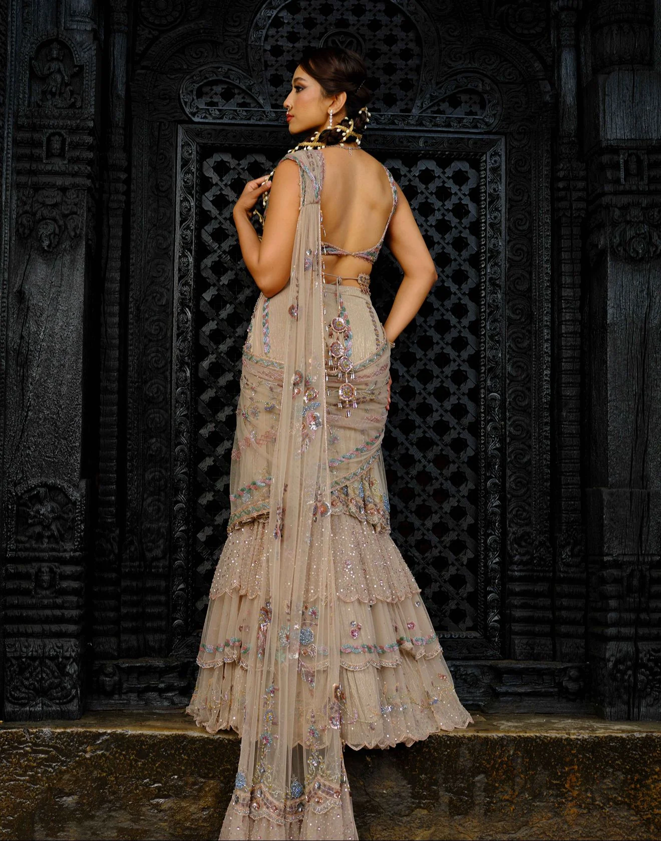 Blazé Copper Embellished Layered Cocktail Stitched Saree - Image 3