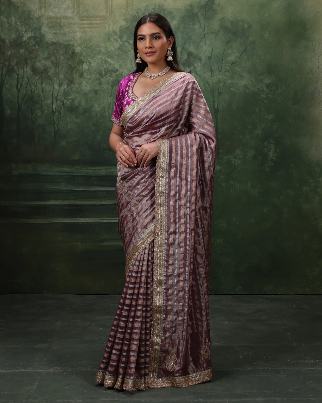 Bloom Orchid Shimemr Organza Saree With Stitched Blouse - Image 2