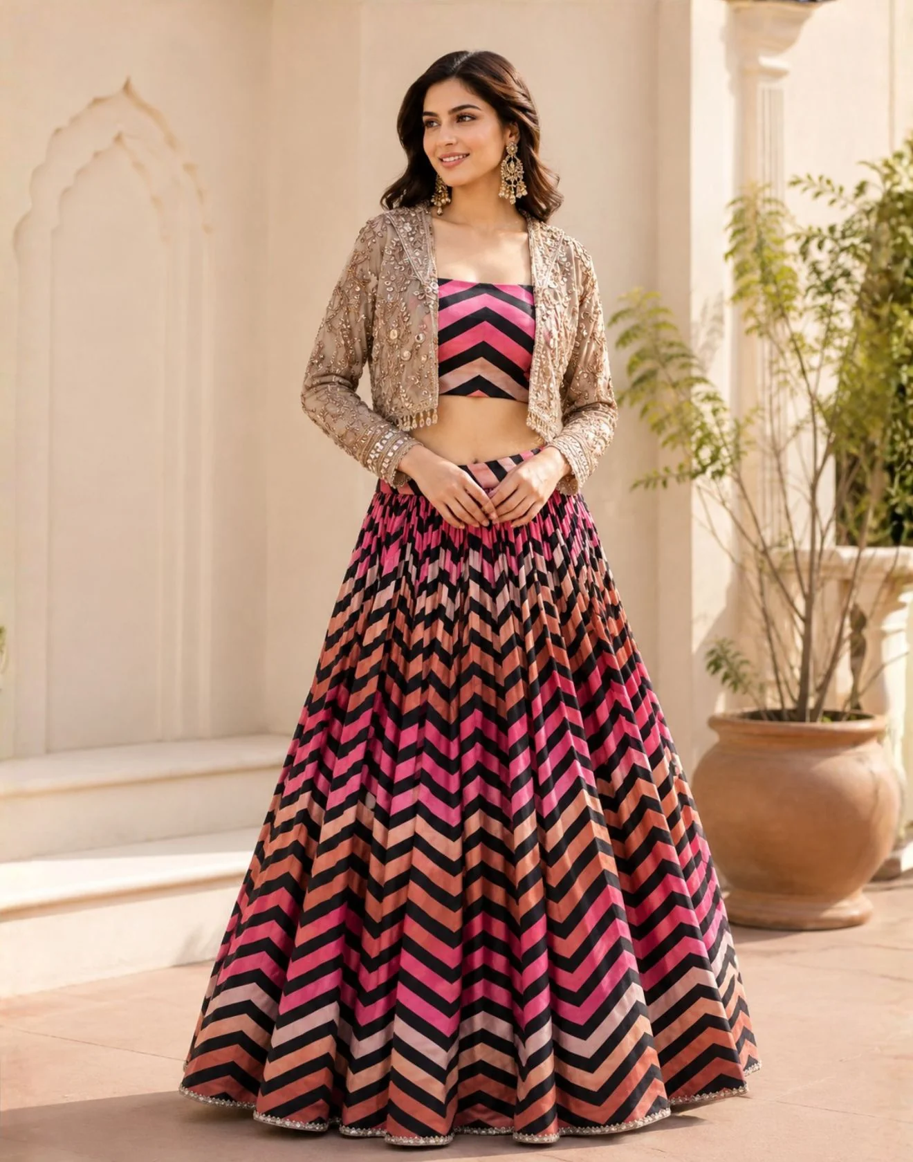 Blooming Chevrons Festive Lehenga Set With Jacket
