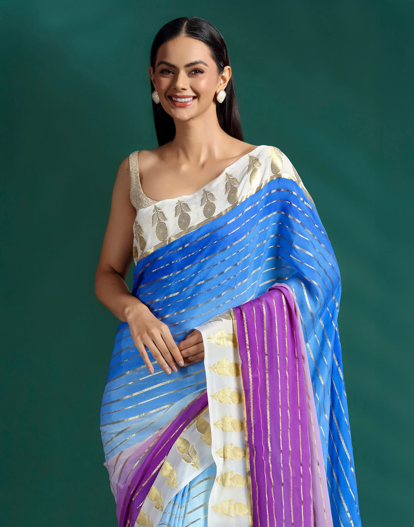 Blueberry Orchid Print With Weave Georgette Saree With Unstitched Blouse Fabric - Image 3