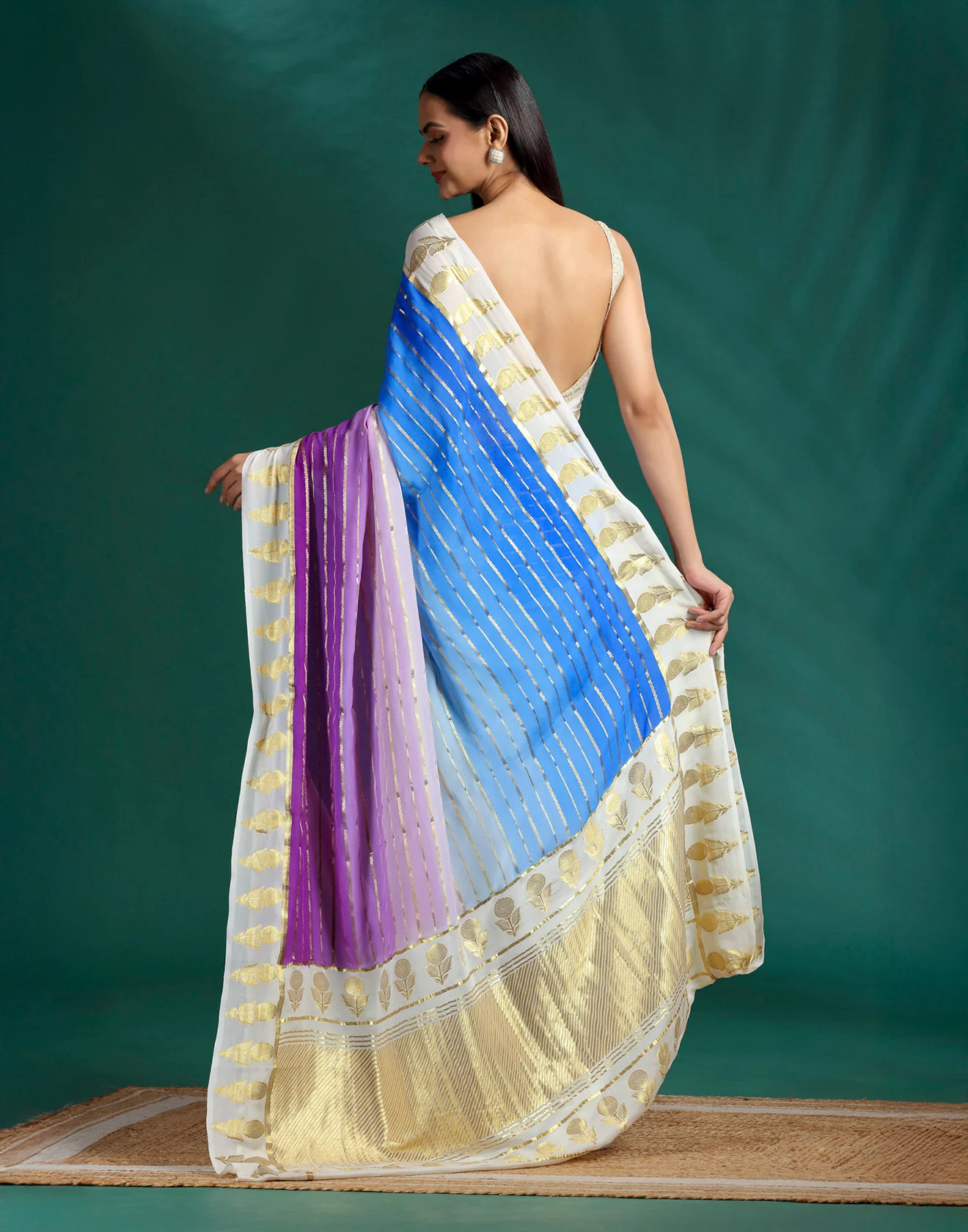 Blueberry Orchid Print With Weave Georgette Saree With Unstitched Blouse Fabric - Image 4