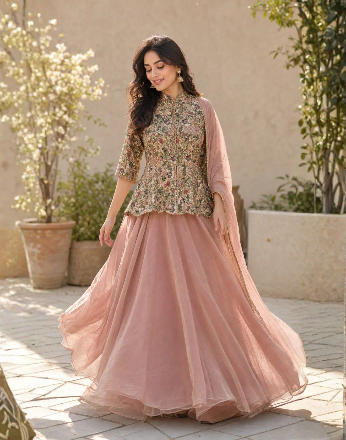 Blush Bloom Thread Embroidered Tissue Peplum Suit Set