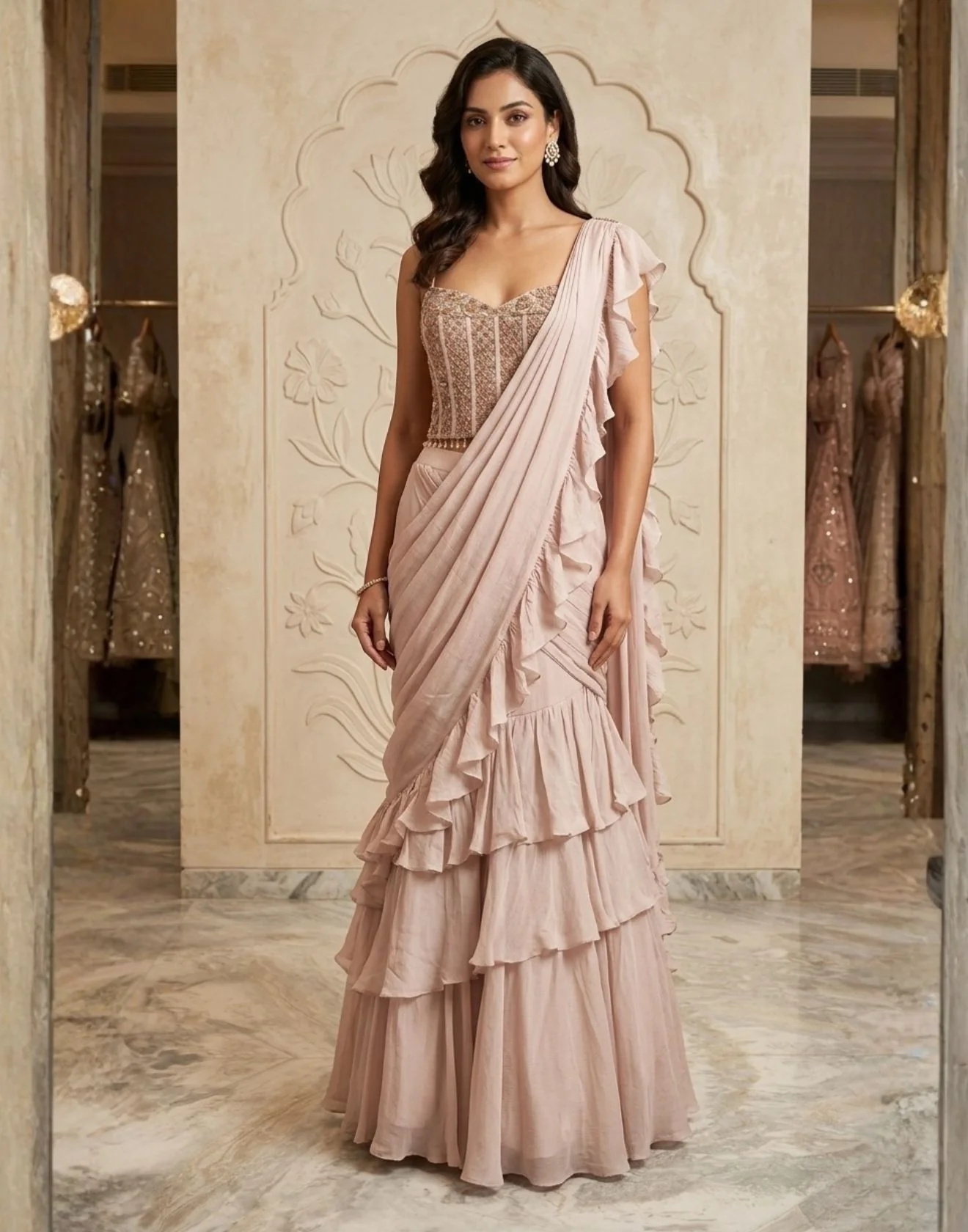 Blush Crush Ruffle Pre-Draped Saree With Corset Blouse